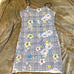 Floral pink, yellow and blue pattered black and white mini dress from SHEIN